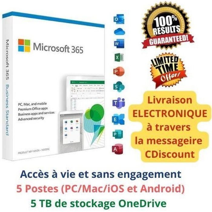 Microsoft Office 365 - Accès à Vie | 5 Postes | 5 TB Stockage- Livraison 2H par email