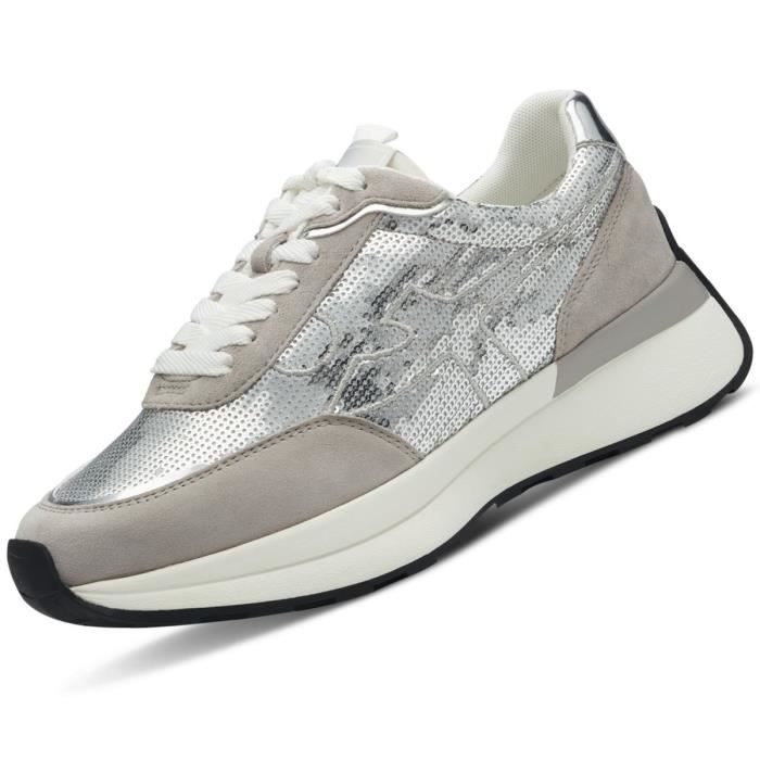 Baskets TAMARIS Femme Argent Daim et paillettes Talon compense Argent Cdiscount Chaussures