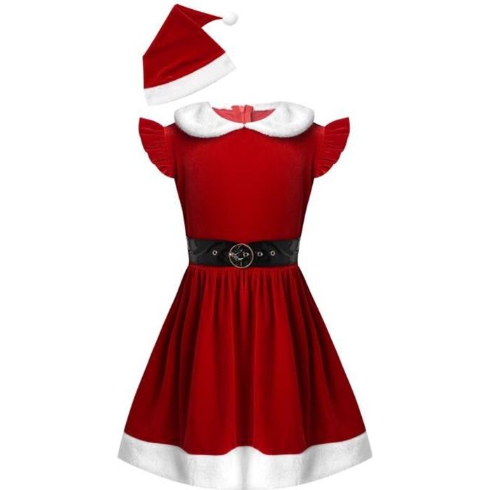 Robe Princesse Noël Fille En Velours Rouge – 3 Pièces Avec Chapeau Et Châle – Taille 12 Mois à 12 Ans