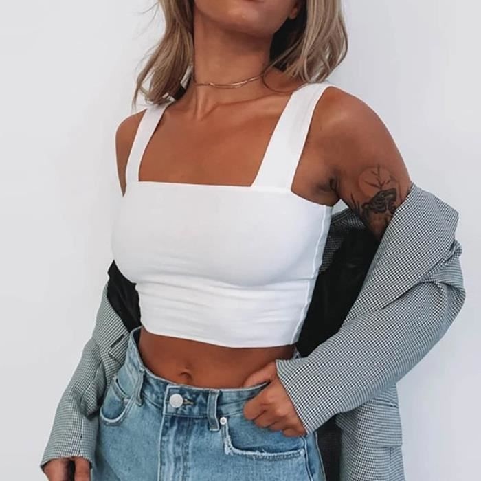 TUNIQUE Débardeur Femme Sexy Sans Manches Larges Bretelles Dos Nu Solide Crop  Top Slim Fit blanc Blanc - Cdiscount Prêt-à-Porter