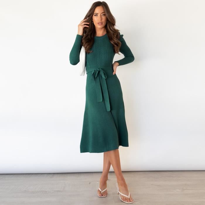 Robe Pull Femme Hiver Verte Manches Longues Attacher MB270049-9 –