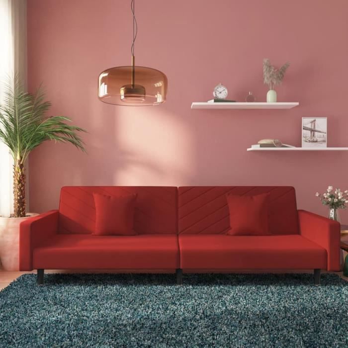 beau - sofa 2 places canapé-lit réglable - et deux oreillers rouge bordeaux velours{2343}