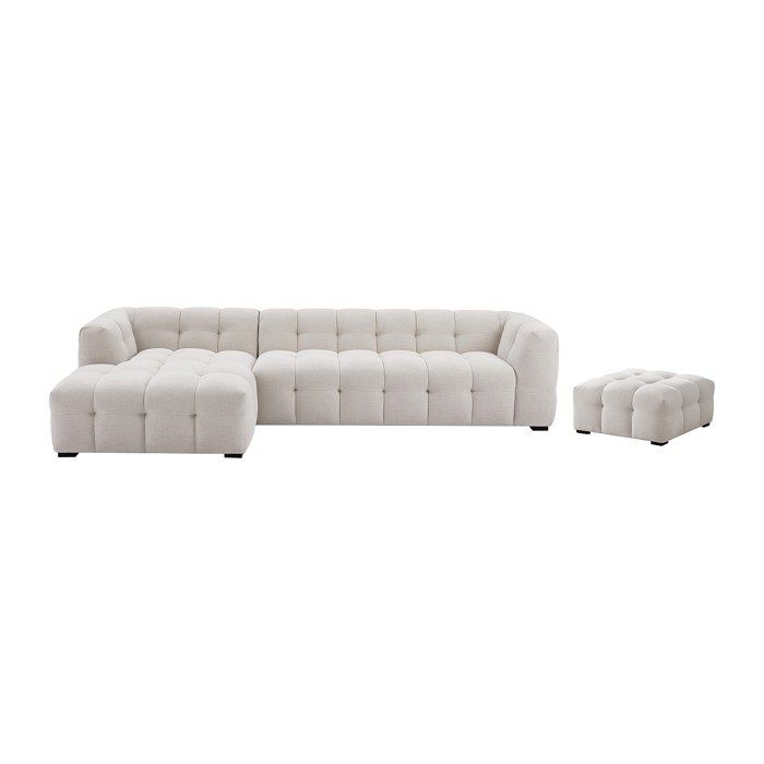 Canapé dangle gauche et pouf en tissu chiné beige DILOME