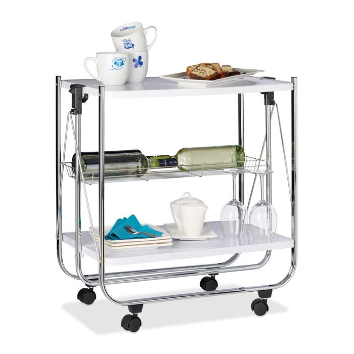 Relaxdays chariot de service pliable blanc 4 roulettes métal 2 étagères panier 685 x 68 x 405 cm
