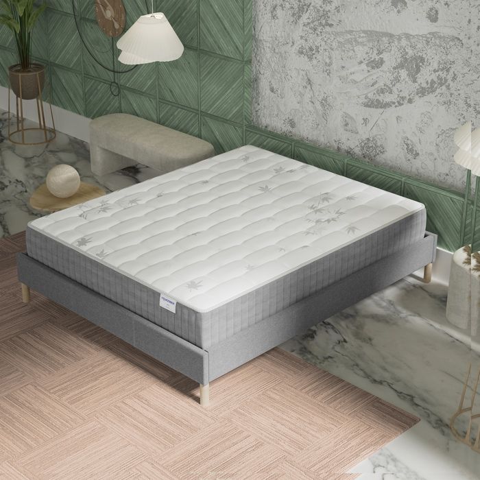 Ensemble matelas + Sommier (140x200cm)- Galice Ressorts ensachés & mémoire de Forme Ép 25cm + Sommier Bois stable Tissu Gris