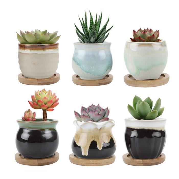 6 PCS Pots Céramiques pour Fleur Succulente Bonsai Pot avec Trou et Bambou Plateau pour Cactus Fleurs Décoration Bureau Maison Hibou Luxspire Pots à Fleurs Succulentes,