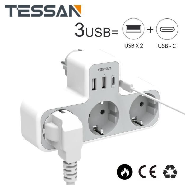 TESSAN Bloc Multiprise Electrique avec 4 Prises und 3 Ports USB Chargeur, Interrupteur,2M,Gray - Cdiscount Bricolage