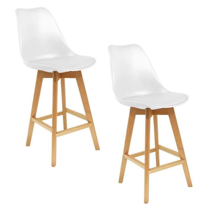 Toilinux - 2 Tabourets de bar en bois scandinaves Home Factory - H. 105 cm - Blanc
