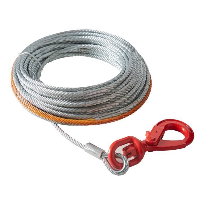 Cable pour Treuil - VEVOR - 9,5mmx15,2m,Résistance à la rupture 67,6 kn,Avec crochet rotatif,acier au carbone