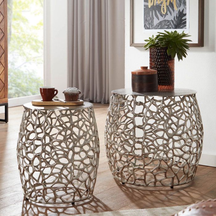 Tables Gigognes En Aluminium Doré - Lot De 2 Tables D'appoint Modernes Pour Salon, Design Branche - 11