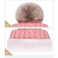 1 Bonnet en tricot doublé polaire peluche doux pour femme - bonnet chaud hiver avec torsades et pompom fausse fourrure - BLANC ECRU -1