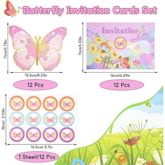 12 Cartes D'Invitation Papillon Français - 10,7x13cm Avec Enveloppes - Pour Anniversaire Enfant, Fête Ou Mariage