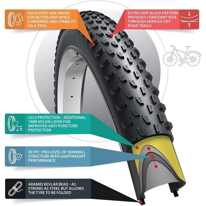 Pneu 29 x 2.10 Pouces 52 622 Pliable Pneus Gravel avec Protection Anti crevaison de 1 mm pour VTT Montagne Hybrid Velo Bicycl J88 Cdiscount Sport