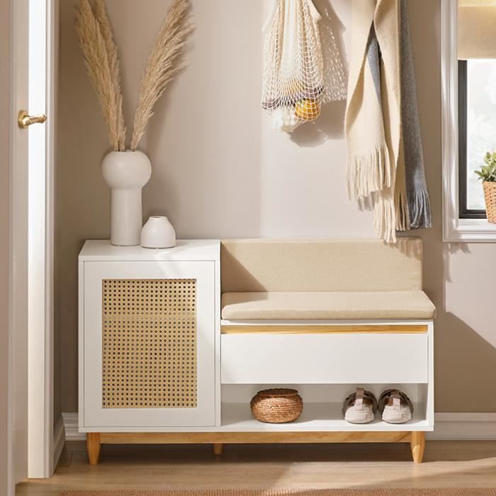 Banc à Chaussur Rembourré Moderne Blanc Yellar Avec Armoire De Rangement Et étagère Pour Couloir｜Homary