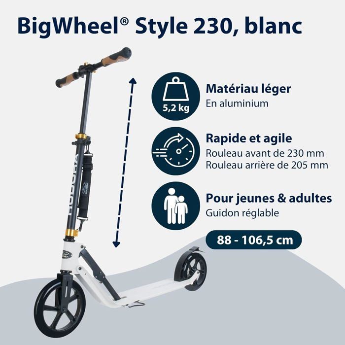 HUDORA BigWheel 205 Scooter - Trottinette Adulte & Enfant Aluminium Pliable - 100kg Max