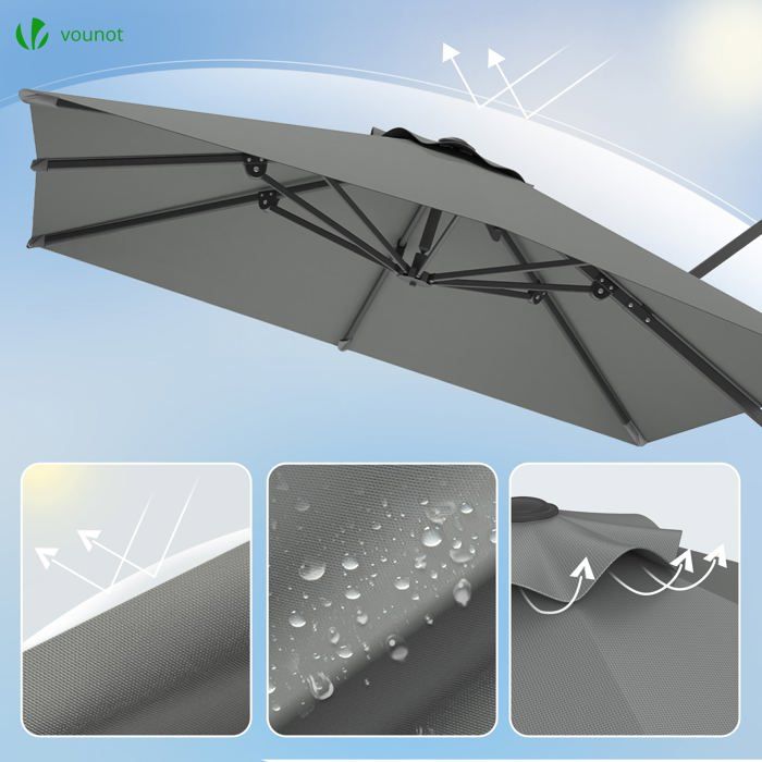 Vounot Parasol Déporté Hexagonal 3M + 4 Dalles Lestage HDPE - Inclinable Manivelle Anti-Retour - Protection UV Gris