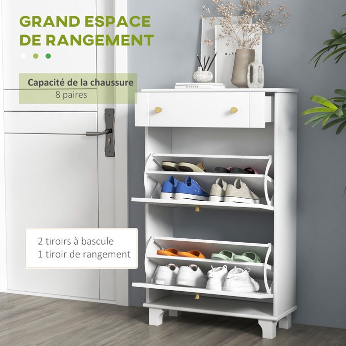 Armoire à Chaussures 18 Paires Tomi 2 Portes Façon Hêtre Et Blanc