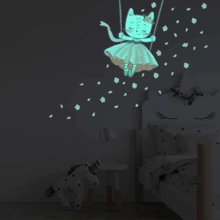 Sticker phosphorescent lumineux - CHAT DANSEUSE - Autocollant mural plafond  enfant fluorescent - 95x80cm