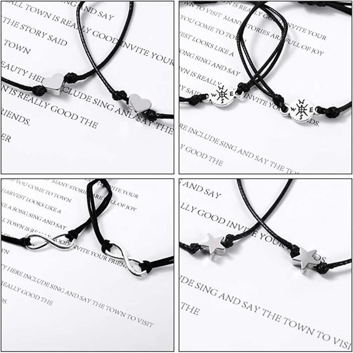 Heyu Lotus 4 Paires Bracelets dAmitie pour Fille Garcon Bracelet Couple Reglable avec les Motifs Coeur Etoile Infini Boussole