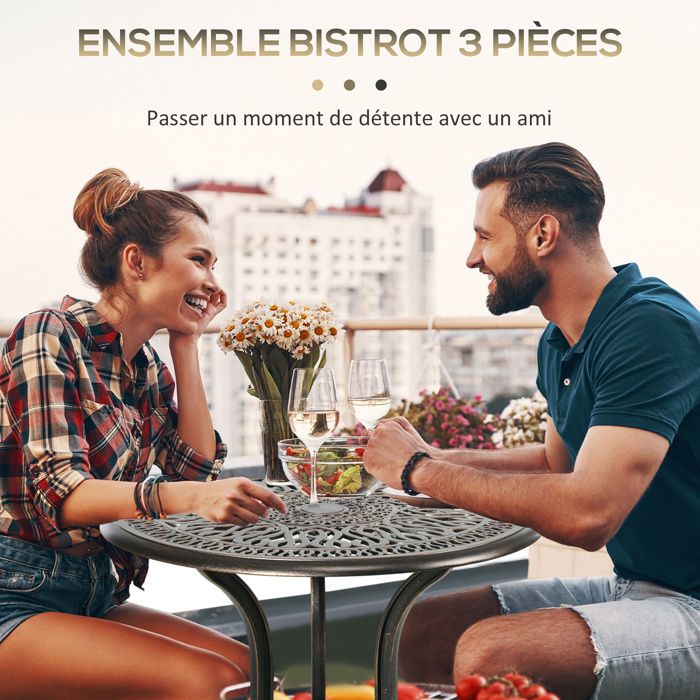 Salon De Jardin 2 Places Outsunny - Table Ronde + 2 Chaises - Fonte Aluminium Imitation Fer Forgé - Vert