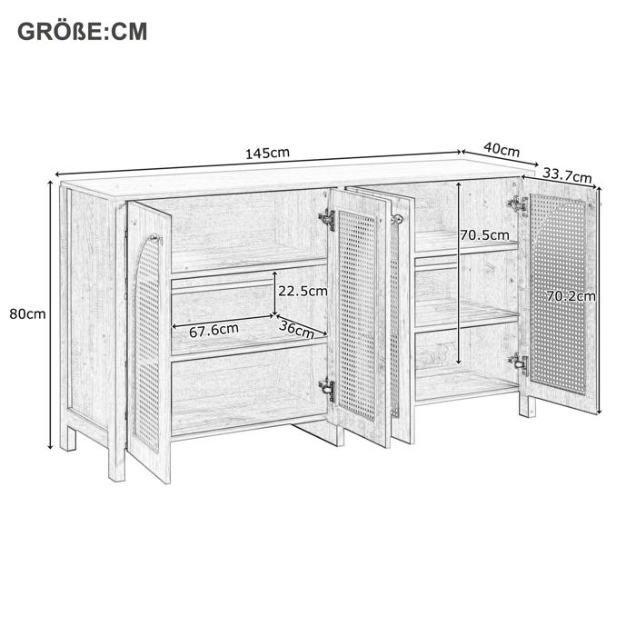 Buffet 3 portes en rotin avec étagères réglables - en MDF - Blanc