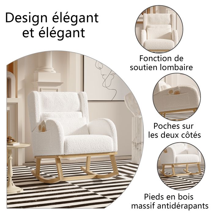 Fauteuil à Bascule, Chaise a Bascule Allaitement Bébé, Rocking Chair, Pieds en Bois Massif, Velours Teddy, Style Scandinave, Blanc - Maison