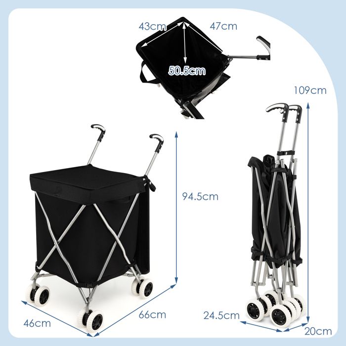 Chariot de courses à 4-6 roues - Chariot de mobilité pliant de voyage Premium - Sac de 60 L (noir tartton, 4 roues