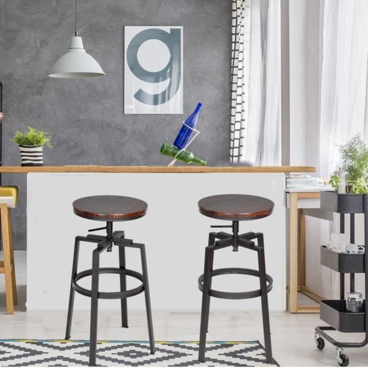 FurnitureR Lot de 2 Tabouret de Bar Industriel Style Chaises de Bar en