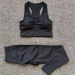 BRASSIÈRE DE SPORT Soutien-gorge de sport sans couture pour femme,ensemble de yoga,entraînement,taille haute,pantalon froissé- black bra pt set