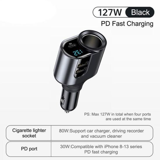 Chargeur Voiture 127W USB-C PD 30W + 2 Ports USB - Prise Allume-cigare Rapide 12V/24V - 9