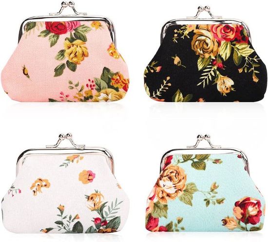 2 Pochettes Porte-Monnaie Vintage Fermoir Kiss Lock – Toile, 15x18x9 Cm, Fleurs, Cadeau Femme (Violet + Bleu)