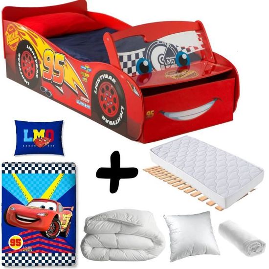 Pack complet Premium Lit Flash McQueen Lit + Matelas & Parure + Couette +  Oreiller Cars Disney