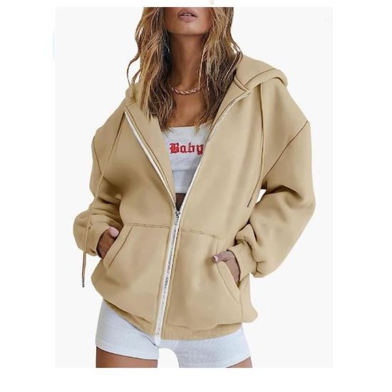 Sweat a capuche zippe pour femme Uni Sweat a Manches longues Avec poches Pour l exterieur Style sport Abricot Cdiscount Pret a Porter