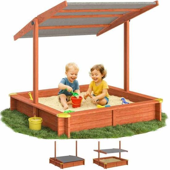 Spielwerk Bac à Sable En Bois Max 140x140 Cm Avec Toit Réglable UV 50+, Tapis De Sol Et Indicateur De Niveau – Jeu Extérieur Jardin Pour Enfants