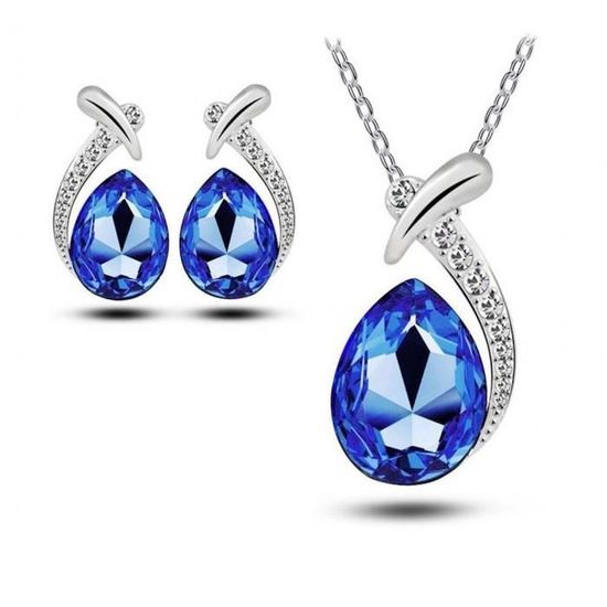 SunYueY Parure de bijoux avec collier et boucles doreilles en forme de goutte deau en cristal autrichien 