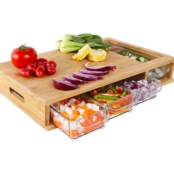 Planche à Découper pour Cuisine en Bambou avec 4 Plateaux Collecteurs de PS et 1 Spatule en Bambou 43,7x31x8,3 cm