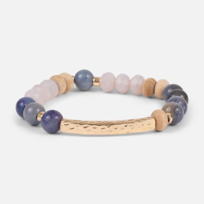 Bleu Perles Et Perles En Bois Bracelet Élastique_Or