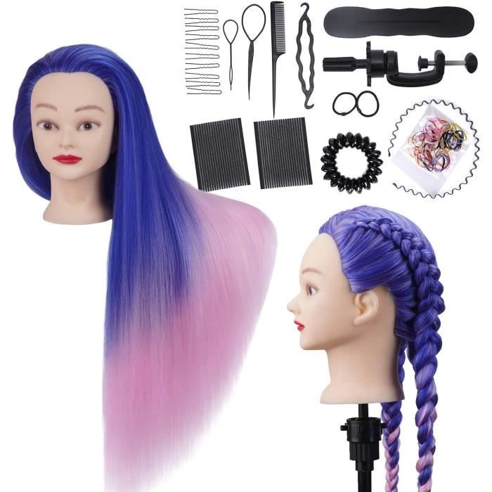 Têtes à Coiffer Professionnelle Synthétiques Cheveux Pratique Mannequin pour le Salon Coiffeur Poupée Support + Ensemble de Tresse