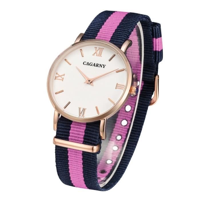 (#140) Fashionable Ultra Thin Rose Gold Case Quartz Wrist Watch with 3 Stripes Nylon Band for Women(Pink)