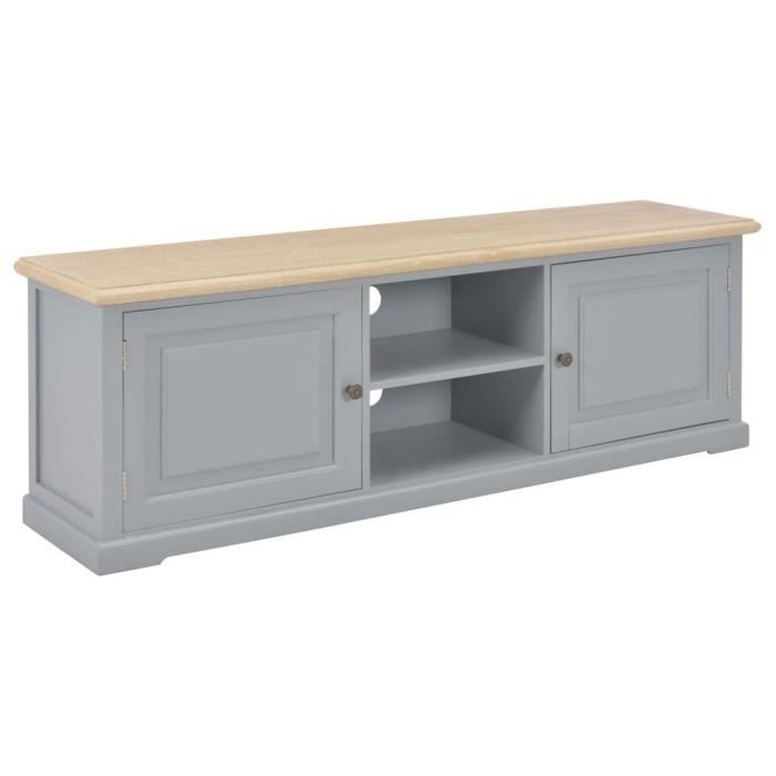 Meuble TV Gris 120x30x40cm Bois Avec 2 portes et 2 compartiments ouverts