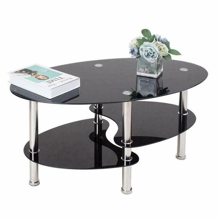 LARAS Table basse en verre trempé ovale Noir