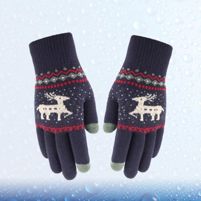 1 paire de gants à écran tactile motif élan épaissir les hiver chaud doigt laine fil noir GANTS - SOUS-GANTS
