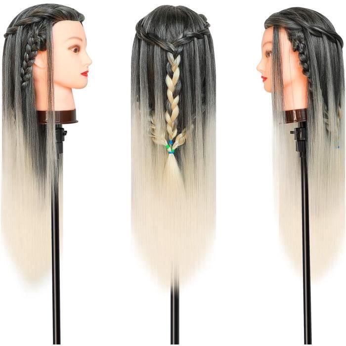 Tete a Coiffer, 66cm Tête de coiffure 100% de Cheveux Synthétiques Têtes d'exercice pour le Salon Coiffeur Poupée avec Support A26