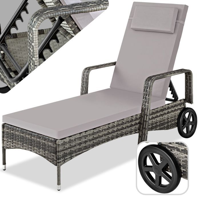 TECTAKE Bain de Soleil de Jardin Réglable à Roulettes en Résine Tressée 200 cm x 70 cm x 33 cm Gris + Coussin