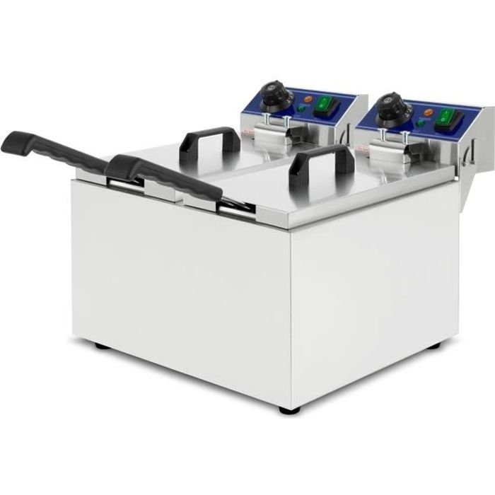 vertes Friteuse électrique 2x8L (2x3000 Watt, réglable en température jusqu'à 200°C, principe des zones froides, acier inoxydable)
