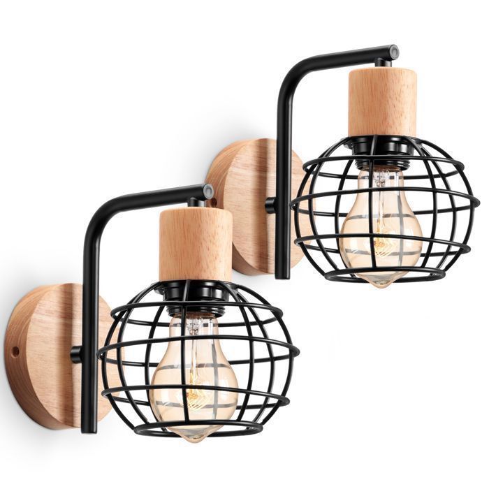 2 Packs Applique Murale Industrielle Vintage TOKIUS Luminaire E27 Cage en Métal Bois Lampe Murale Noir pour Salon Couloir