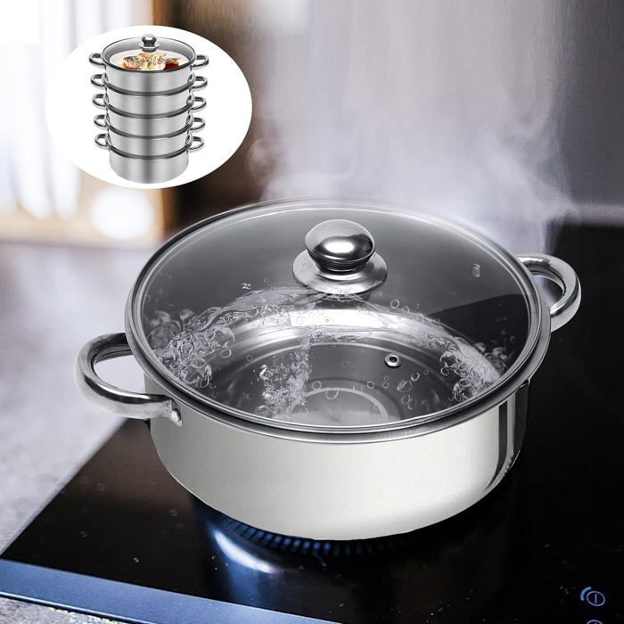 Acesunny Cuiseur Vapeur Inox 5 Couches 30/28/26 Cm - Couvercle Verre - Cuisson Saine