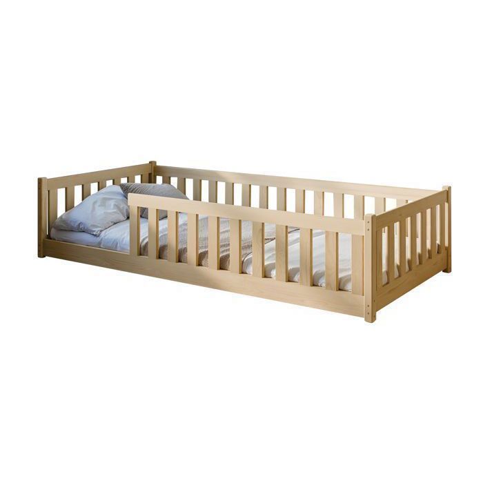 Lit au sol enfant 80x160 cm - Avec matelas + sommier + barrière de lit - Lit pour enfant Montessori - En pin massif