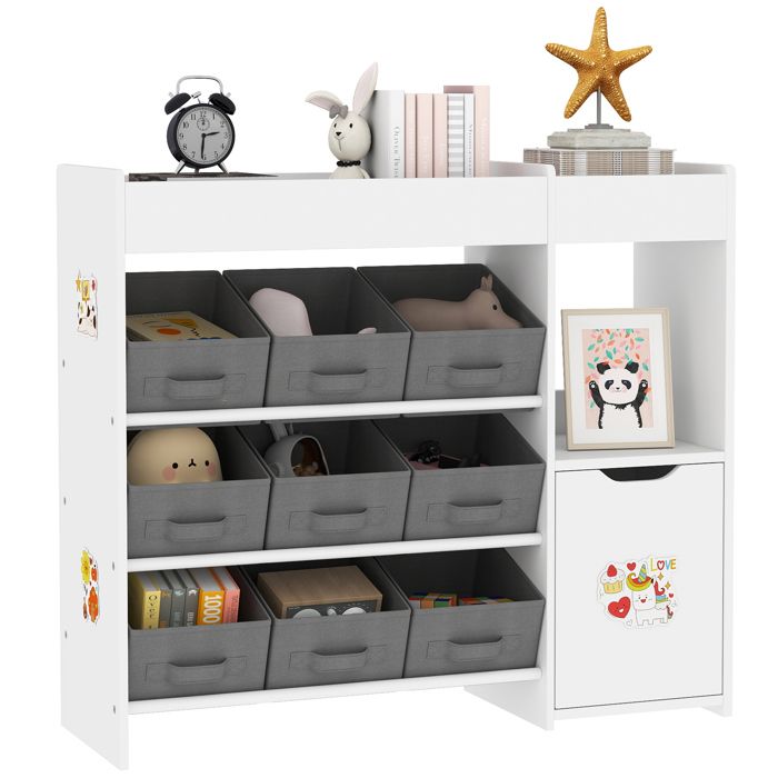 Meuble rangement enfant étagère de rangement pour jouets enfants AIYAPLAY avec 9 tiroirs en tissu et placard blanc