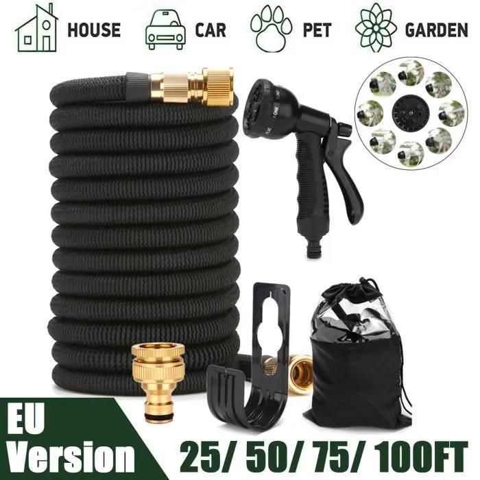 FUIENKO-Tuyau darrosage extensible de 15 m (avec accessoires) avec 6 modes de pulvérisation - Noir